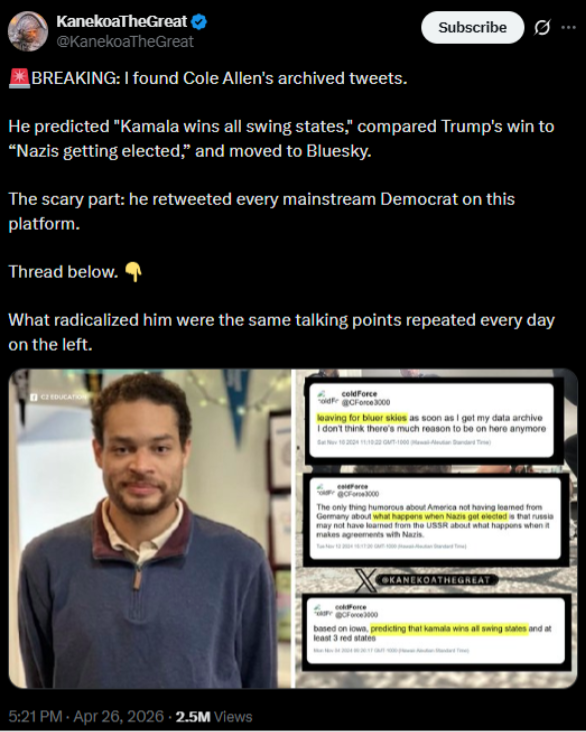 Social media post examples advancing the narrative that Democratic leadership orchestrated or enabled the White House Correspondents' Dinner shooting, part of BSA Command Center tracking