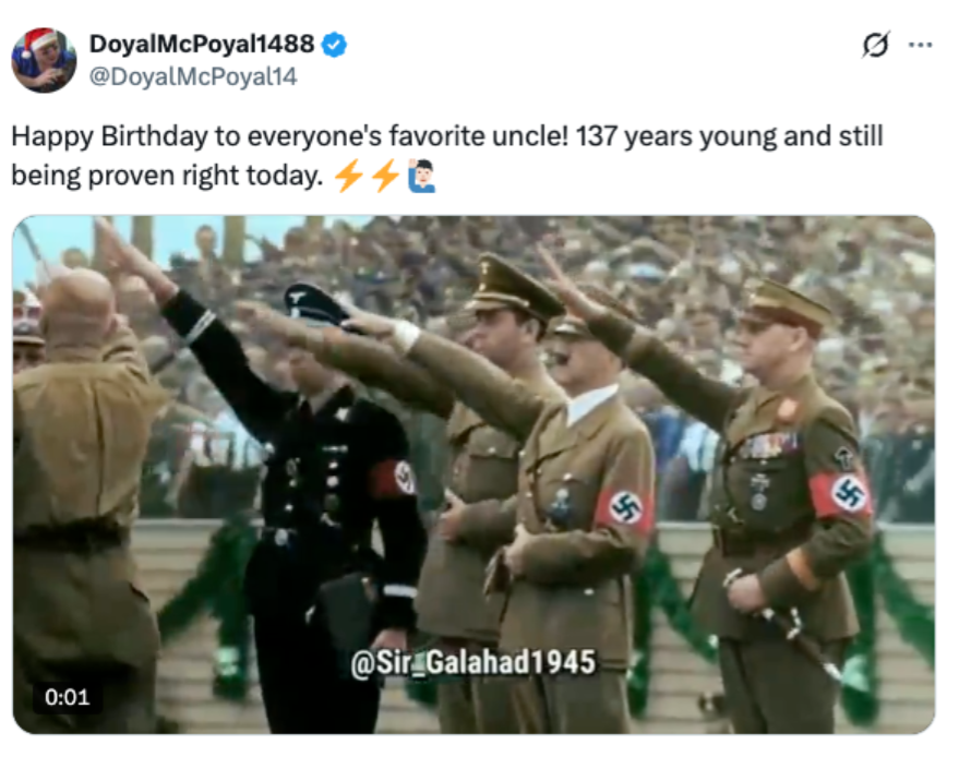 Screenshot of a social media post referencing Hitler’s birthday, featuring historical Nazi footage and celebratory language.