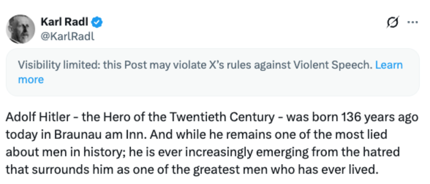 Screenshot of a social media post praising Adolf Hitler, marked with a platform warning about violating rules on violent speech.