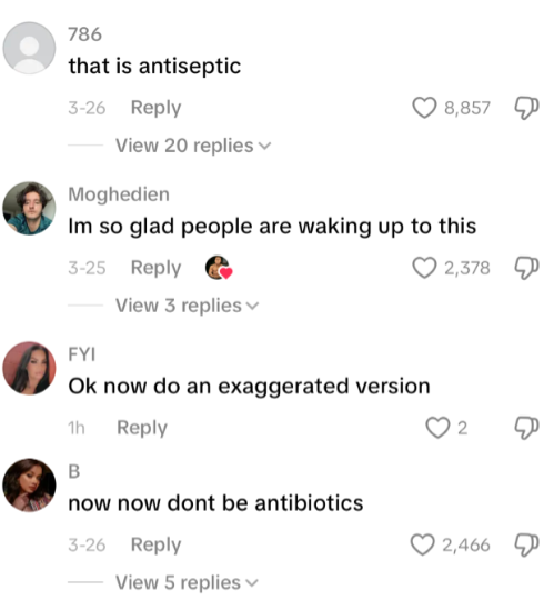 Screenshot of a social media comment thread where users replace the word “antisemitic” with joking variations like “antiseptic” and “antibiotics.” The comments use wordplay and coded humor while discussing antisemitism, with several replies and high engagement counts visible.
