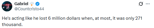 Screenshot of an X post by @Countcristo44 reading: “He’s acting like he lost 6 million dollars when, at most, it was only 271 thousand.” An example of Holocaust minimization, disputing the six million death toll.