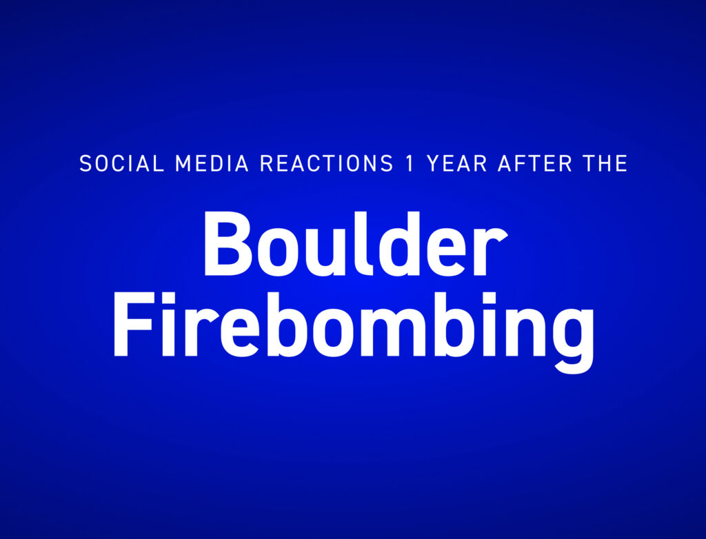 Blue title slide with white text reading, “SOCIAL MEDIA REACTIONS 1 YEAR AFTER THE” above the larger headline, “Boulder Firebombing.” The design is minimal, featuring centered typography on a solid blue background.