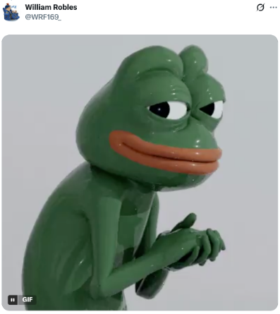 Animated reaction image of Pepe the Frog rubbing its hands together, commonly used in online communities where extremist and antisemitic memes circulate.