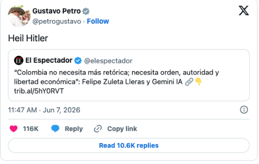 A screenshot of Colombian President Gustavo Petro's post on X reading "Heil Hitler," posted on June 7, 2026, showing the post's engagement metrics including likes, reposts, and reply counts.