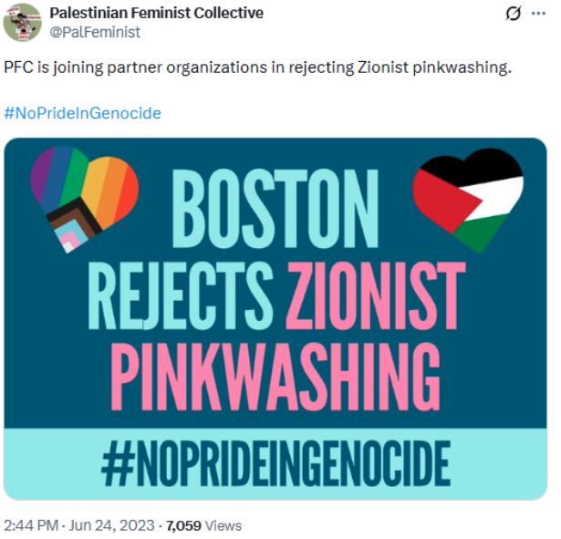Graphic reading "Boston Rejects Zionist Pinkwashing" and "#NoPrideInGenocide," featuring a Pride flag and a Palestinian flag heart, shared on June 24, 2023.