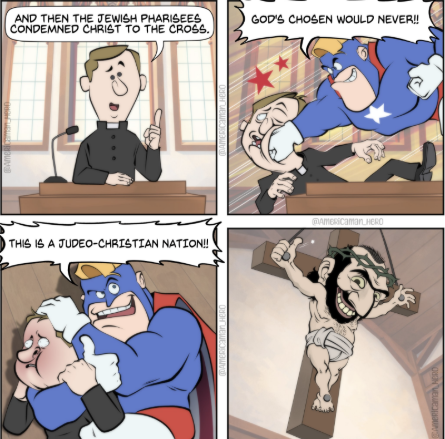 Cartoon depicting a priest discussing the crucifixion of Jesus before being interrupted by a superhero character, ending with an antisemitic caricature of Jesus on a cross.