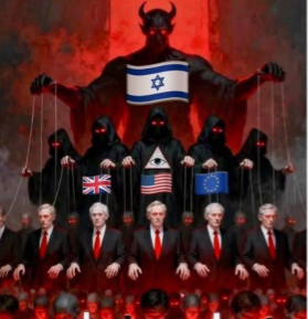 Illustration depicting hooded figures manipulating political leaders as puppets beneath Israeli, U.S., U.K., and EU symbols, promoting a conspiracy theory about Jewish control of governments.