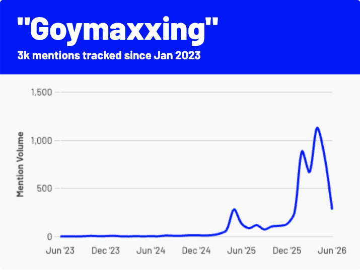 Graphic displaying the slang term 'goymaxxing,' with text reading "3k mentions tracked since Jan 2023," and a line graph showing the mention volume from June 2023 to June 2026.