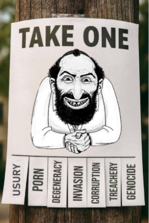 Flyer-style image featuring the Happy Merchant caricature with tear-off tabs listing accusations such as corruption, invasion, and genocide, reflecting antisemitic propaganda themes.