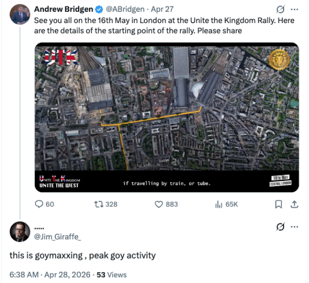 X (Twitter) reply to a post about the London Unite the Kingdom Rally reading, "this is goymaxxing, peak goy activity."