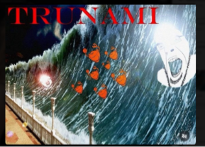 Meme depicting a massive wave labeled "TRUNAMI" with antisemitic caricatures being swept away, suggesting the exposure or defeat of alleged Jewish influence.