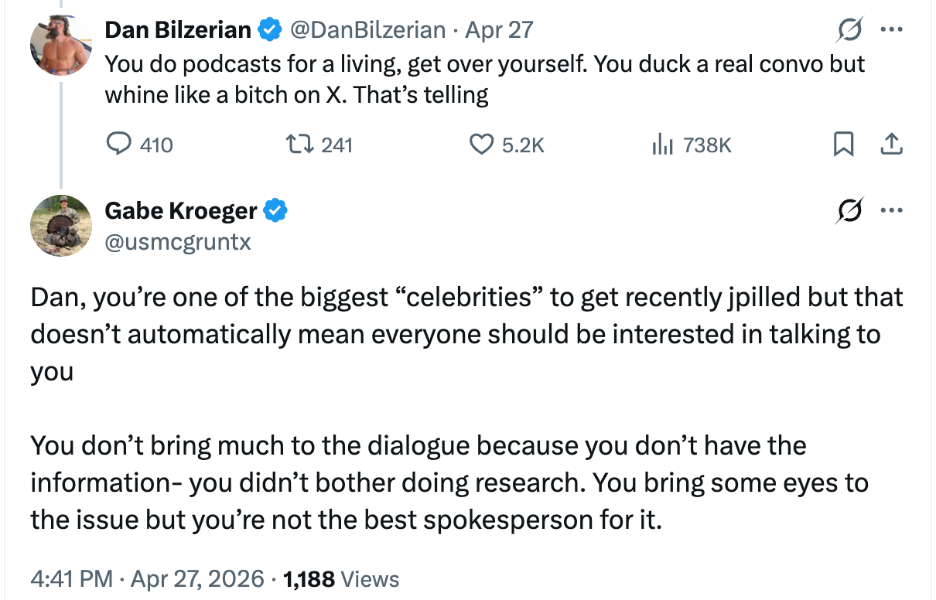 X (Twitter) reply to Dan Bilzerian post reading, "Dan, you’re one of the biggest “celebrities” to get recently jpilled but that doesn’t automatically mean everyone should be interested in talking to you
You don’t bring much to the dialogue because you don’t have the information- you didn’t bother doing research. You bring some eyes to the issue but you’re not the best spokesperson for it."