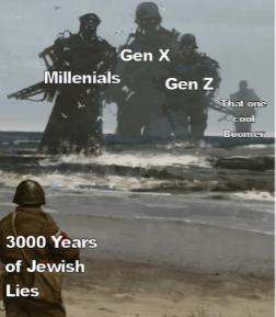 Meme showing military-style figures labeled as different generations confronting a force labeled "3000 Years of Jewish Lies," promoting an antisemitic historical conspiracy narrative.