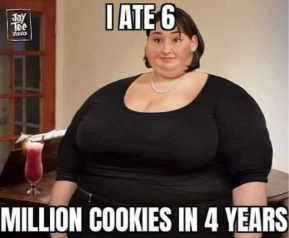Meme featuring a woman with text exaggerating consumption alongside references to Jewish stereotypes, illustrating how antisemitic imagery is blended into internet meme culture.