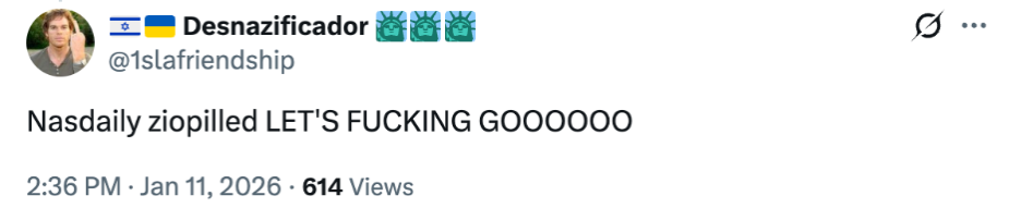 X (Twitter) post reading, "Nasdaily ziopilled LET'S FUCKING GOOOOOO"