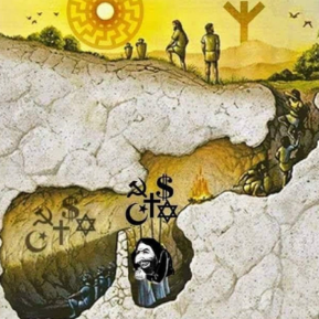 Illustration showing a caricatured Jewish figure hidden beneath symbols representing religions and ideologies, promoting conspiracy theories about secret Jewish control over world events.
