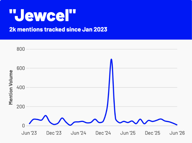 Graphic displaying the slang term 'jewcel,' with text reading "2k mentions tracked since Jan 2023," and a line graph showing the mention volume from June 2023 to June 2026.