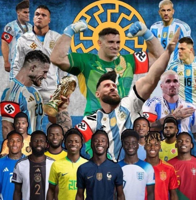 Collage depicting members of Argentina's men's national soccer team alongside Nazi symbols in an apparent attempt to associate the team with Nazism. Several players are shown wearing Argentina jerseys or warm-up gear with swastika armbands added to their uniforms, while a Black Sun symbol appears prominently in the background. Along the bottom of the image is a row of Black soccer players from various national teams, positioned facing the collage. The image is a digitally manipulated graphic that combines real photographs with altered and added extremist symbols.