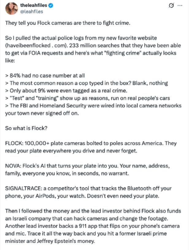 Screenshot of a post by @leahfiles criticizing Flock Safety cameras and related surveillance technology. The post cites purported police log data, claiming most searches lacked case numbers and few were tied to crimes, then describes Flock’s license plate cameras and other tracking tools. It concludes by alleging connections between Flock investors, Israeli surveillance technology, a 911 app, former Israeli Prime Minister Ehud Barak, and Jeffrey Epstein.
