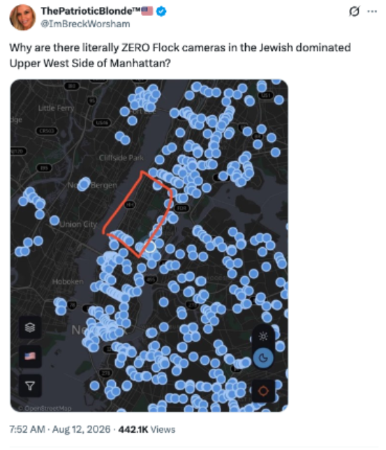 Screenshot of an X post by @ImBreckWorsham asking why there are “ZERO Flock cameras” in what the post calls the “Jewish dominated Upper West Side of Manhattan.” Below the text is a dark map of the New York City area covered with blue location markers, with a section of Manhattan outlined in red.