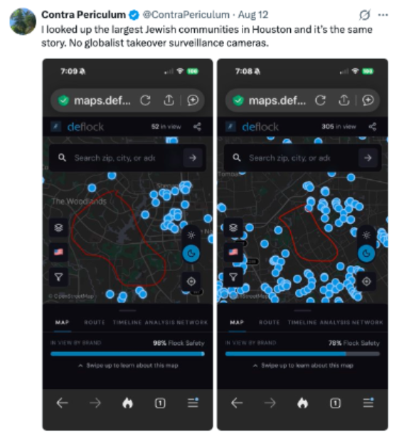 Screenshot of an X post by @ContraPericulum claiming that large Jewish communities in Houston similarly lack Flock surveillance cameras, using the phrase “No globalist takeover surveillance cameras.” Below the post are two side-by-side mobile screenshots of a map showing blue camera-location markers, with areas outlined in red that contain few or no markers.