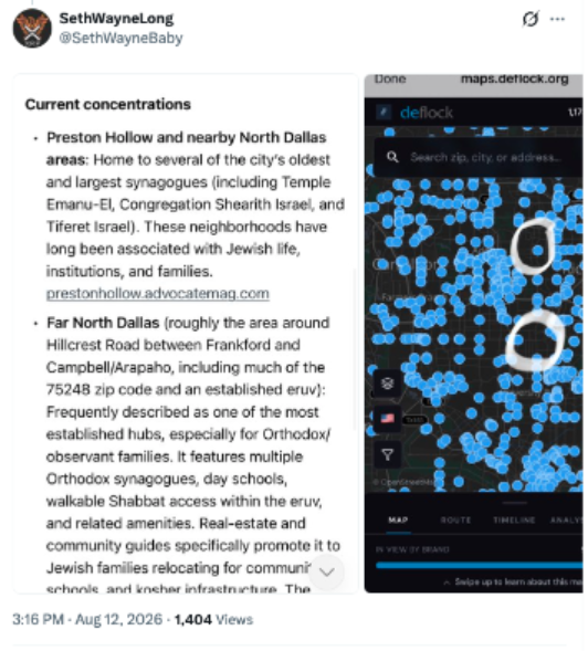 Screenshot of an X post by @SethWayneBaby showing information about Jewish communities in the Dallas area alongside a surveillance-camera map. The left side lists Preston Hollow and Far North Dallas as areas with established Jewish communities, synagogues, and institutions. The right side shows a DeFlock map densely covered with blue camera-location markers, with two areas containing fewer markers circled in white.