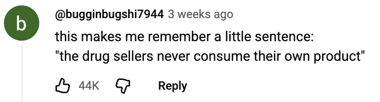 YouTube comment reading, "this makes me remember a little sentence: 'the drug sellers never consume their own product'"