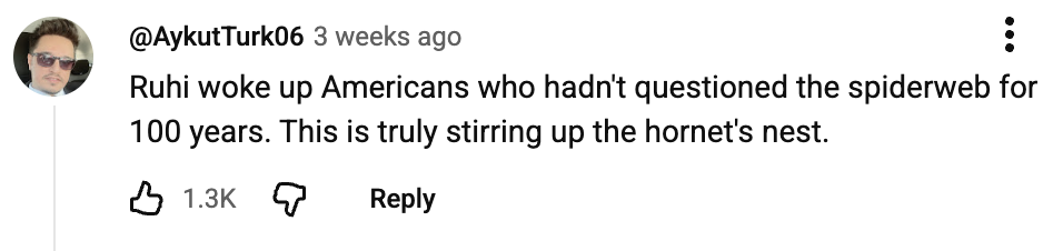 YouTube comment reading, "Ruhi woke up Americans who hadn't questioned the spiderweb for 100 years. This is truly stirring up the hornet's nest."