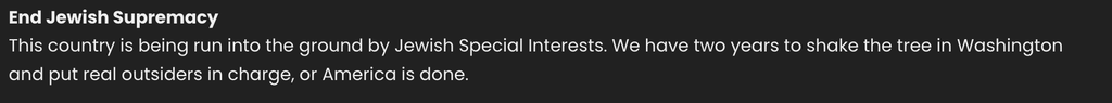 Text headed “End Jewish Supremacy,” blaming “Jewish Special Interests” for America’s problems and calling for political outsiders to take power.