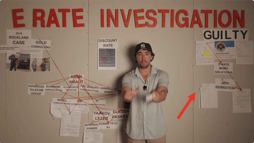Tyler Oliveira stands before an “E Rate Investigation” board, with a red arrow highlighting a separate cluster of documents beneath a “Guilty” label.