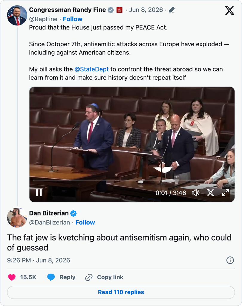 Screenshot of Dan Bilzerian’s X reply mocking Randy Fine’s post about combating antisemitism in Europe, using an antisemitic insult about his weight and Jewish identity.