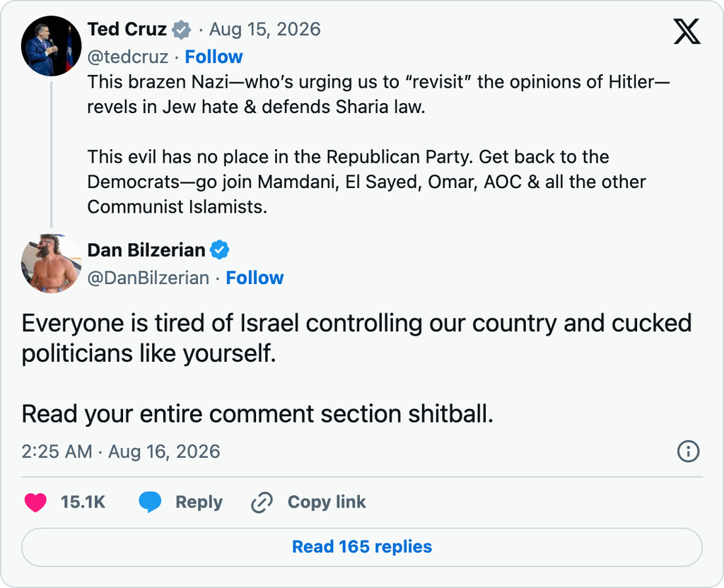 Dan Bilzerian responds to Ted Cruz’s condemnation on X by claiming Israel controls America and insulting Cruz.