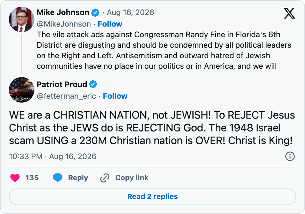 X user Patriot Proud responds to Mike Johnson’s condemnation of antisemitism by declaring America a Christian nation and accusing Israel of exploiting Christians.