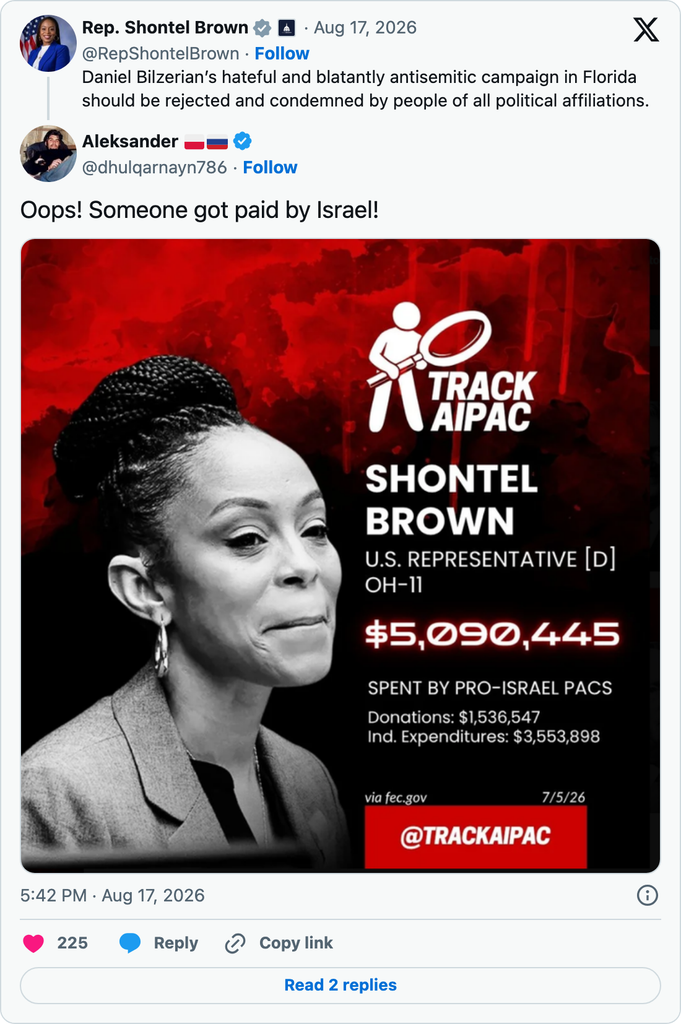 X reply accuses Shontel Brown of being paid by Israel, alongside a Track AIPAC graphic claiming $5,090,445 in pro-Israel PAC spending supporting her.
