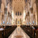 Worshippers fill the pews beneath the vaulted ceiling of St. Patrick’s Cathedral during Stand Up Sunday in New York.
